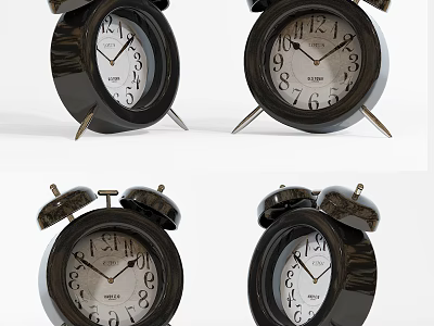 Classic Black Alarm Clocks With Double Bells White Dial And Metal Stands 3d model