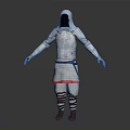 Hooded White Outfit With Red Trim Brown Belt Straps Leggings And Boots