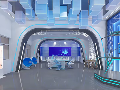 Futuristic High Tech Interior With Blue Lighting Geometric Ceiling And Control Desk 3d model