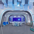 Futuristic High Tech Interior With Blue Lighting Geometric Ceiling And Control Desk