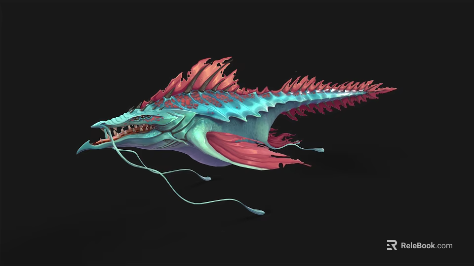 Mythical Aquatic Creature with Blue and Pink Coloration Sharp Teeth Fins and Tentacles 3d model 