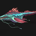 Mythical Aquatic Creature with Blue and Pink Coloration Sharp Teeth Fins and Tentacles