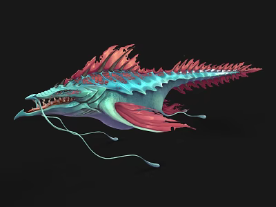 Mythical Aquatic Creature with Blue and Pink Coloration Sharp Teeth Fins and Tentacles 3d model