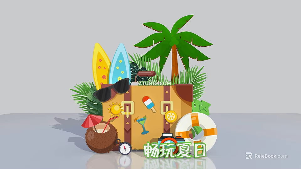 Summer Vacation Travel Items With Suitcase Surfboards Palm Tree Coconut Sunglasses And Lifebuoy 3d model 