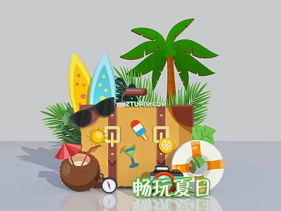 Summer Vacation Travel Items With Suitcase Surfboards Palm Tree Coconut Sunglasses And Lifebuoy 3d model