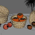 Fresh Assorted Fruits in Wicker Baskets on Gray Countertop Including Persimmons Pomegranates and Tangerines
