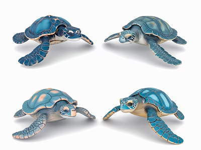 Realistic Blue Sea Turtles In Different Poses With Detailed Shells And Flippers 3d model