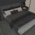 Modern Double Bed Bedroom Interior With Gray Pillows Checkered Blanket And Light Rug 3d model