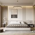 Modern Bedroom Interior With Wooden Wall Panels Light Curtains Upholstered Headboard And Abstract Circular Painting