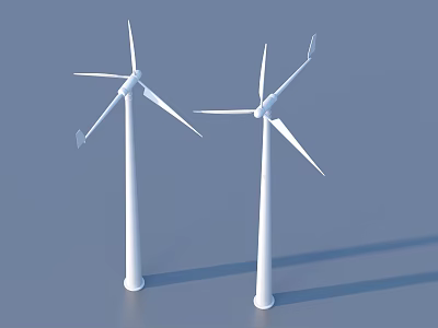 Two White Wind Turbines Standing As Industrial Equipment On Blue Background 3d model