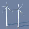 Two White Wind Turbines Standing As Industrial Equipment On Blue Background