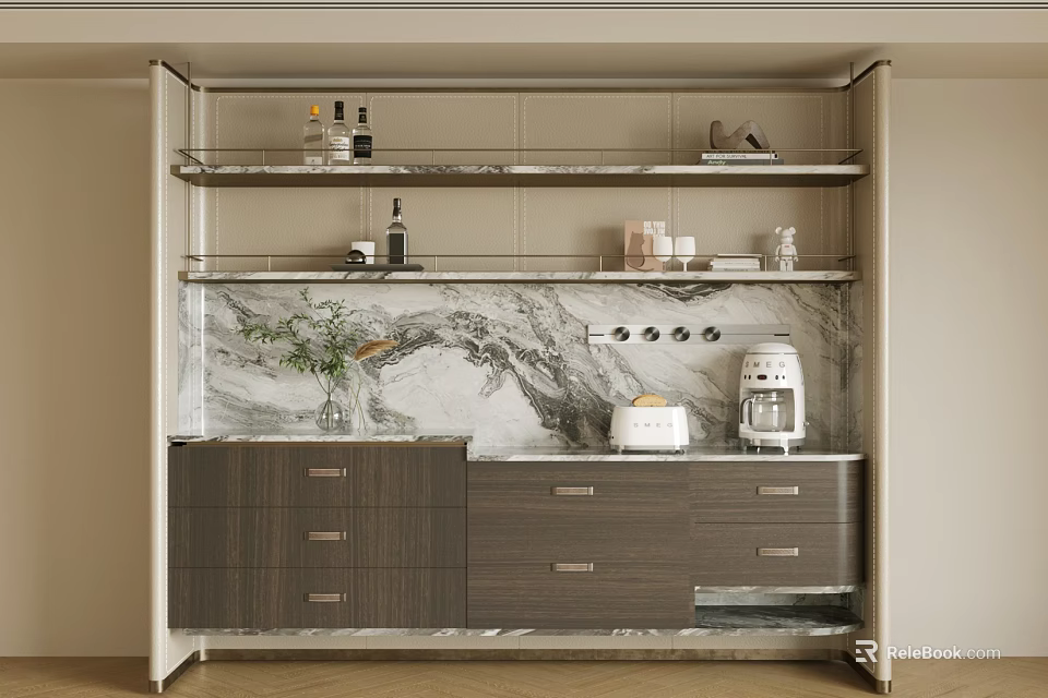Elegant Modern Sideboard with Marble Countertop Glass Shelves Wooden Drawers and Coffee Machine 3d model 