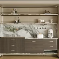 Elegant Modern Sideboard with Marble Countertop Glass Shelves Wooden Drawers and Coffee Machine