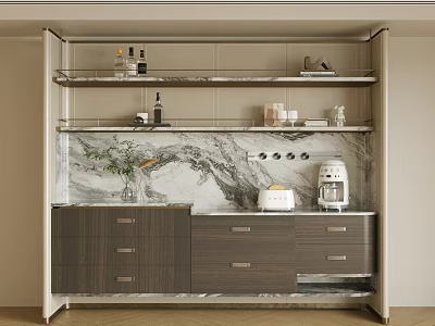 Elegant Modern Sideboard with Marble Countertop Glass Shelves Wooden Drawers and Coffee Machine 3d model