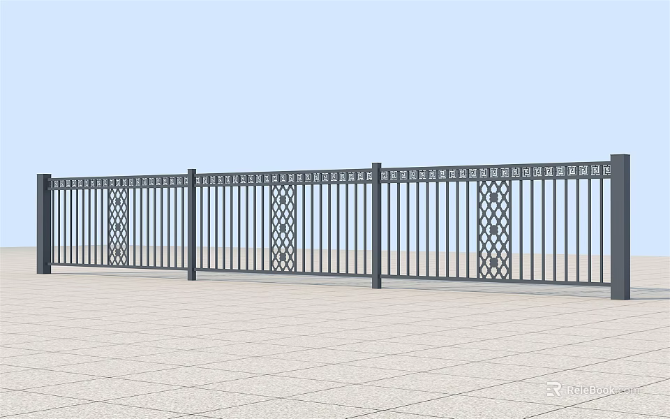 Outdoor Metal Fence with Vertical Bars and Diamond Patterns Against Blue Sky 3d model 