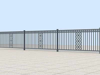 Outdoor Metal Fence with Vertical Bars and Diamond Patterns Against Blue Sky 3d model