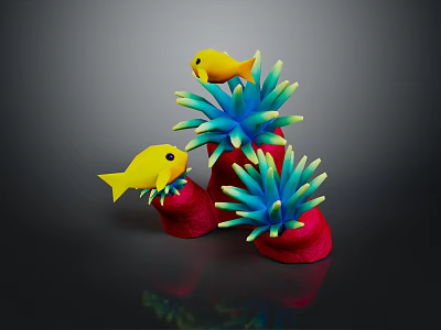Yellow Fish Swimming Among Red Coral And Blue Green Anemone Like Structures 3d model