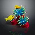 Yellow Fish Swimming Among Red Coral And Blue Green Anemone Like Structures