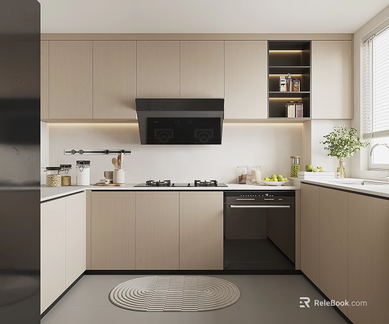 Modern Light Wood Kitchen Interior With Black Range Hood Oven Countertop And Potted Plant 3d model 
