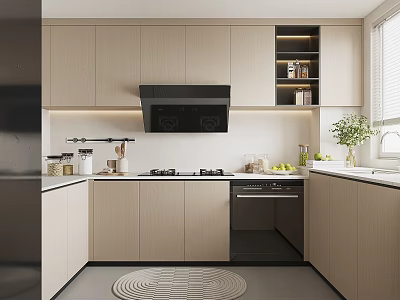 Modern Light Wood Kitchen Interior With Black Range Hood Oven Countertop And Potted Plant 3d model