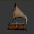 Vintage Phonograph With Brass Horn Wooden Base And Turntable
