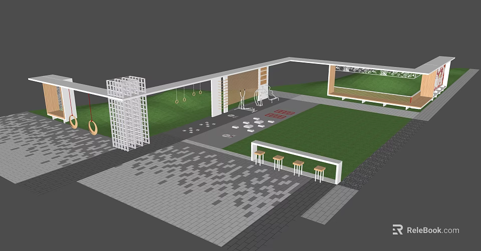 Modern Garden Decor Features Green Lawn Outdoor Seating And Geometric Structures 3d model