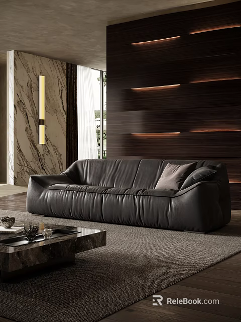 Modern Black Leather Sectional Sofa With Wooden Wall Marble Accent And Coffee Table 3d model 
