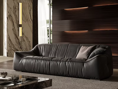 Modern Black Leather Sectional Sofa With Wooden Wall Marble Accent And Coffee Table 3d model