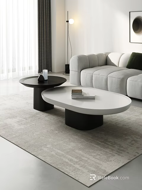 Modern Black And White Coffee Tables In Living Room With Sofa And Decorative Items 3d model 