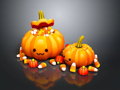 Cute Smiley Face Pumpkins With Colorful Candy Corn And Small Decorations 3d model
