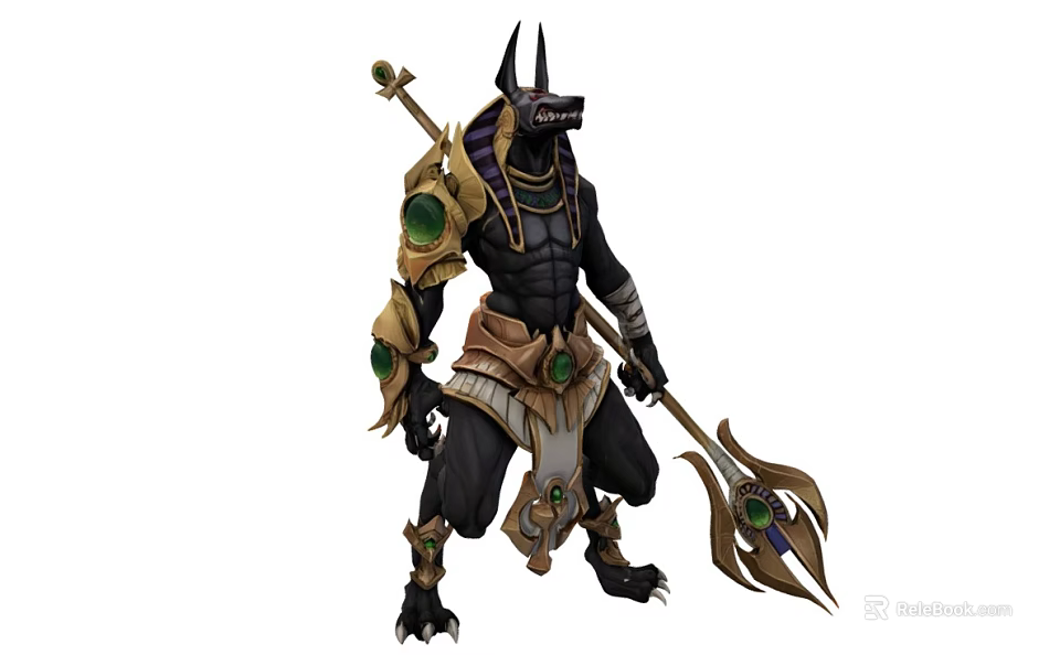 Egyptian Themed Man With Jackal Head Armored Suit Holding Spear Green Gems And Golden Accents 3d model 