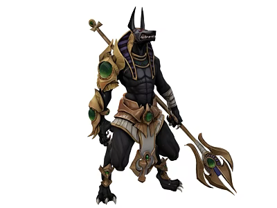 Egyptian Themed Man With Jackal Head Armored Suit Holding Spear Green Gems And Golden Accents 3d model