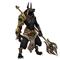 Egyptian Themed Man With Jackal Head Armored Suit Holding Spear Green Gems And Golden Accents