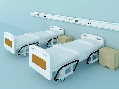 Two Modern Medical Beds With Wooden Nightstands Against Light Blue Wall And Bedside Panels 3d model