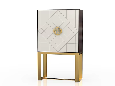 Stylish Entryway Console Cabinet With Geometric Pattern Door Golden Handle Gold Legs And Dark Frame 3d model