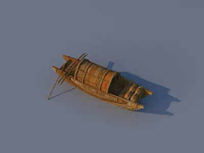 Traditional Handcrafted Wooden Boat With Wooden Frame Brown Hull And Oars 3d model