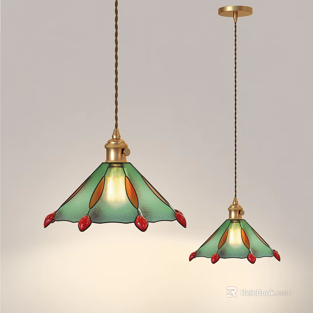 Two Hanging Chandeliers With Green Glass Shades Red Decorative Details And Brass Top 3d model 
