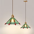 Two Hanging Chandeliers With Green Glass Shades Red Decorative Details And Brass Top