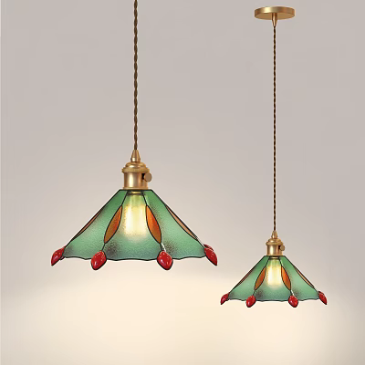 Two Hanging Chandeliers With Green Glass Shades Red Decorative Details And Brass Top 3d model