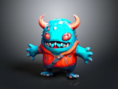 Cartoon Character Monster Creature With Blue Body Red Horns Eyes And Outfit Carrying Small Bag 3d model