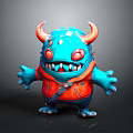 Cartoon Character Monster Creature With Blue Body Red Horns Eyes And Outfit Carrying Small Bag