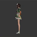 Traditional Green Kimono Outfit On Female Character With Decorative Sash And Hairstyle
