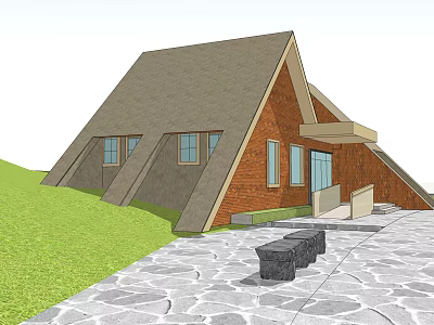 Modern Red Brick House Exterior With Triangular Roof Windows Stone Path Lawn Steps Bench 3d model