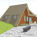 Modern Red Brick House Exterior With Triangular Roof Windows Stone Path Lawn Steps Bench