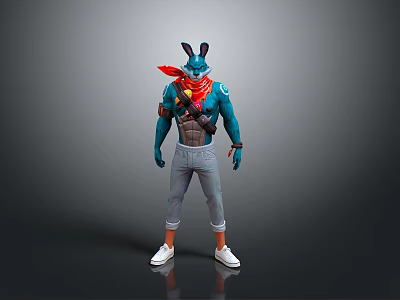 Anthropomorphic Rabbit Character In Blue Top Red Scarf Gray Pants And White Shoes 3d model
