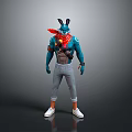 Anthropomorphic Rabbit Character In Blue Top Red Scarf Gray Pants And White Shoes