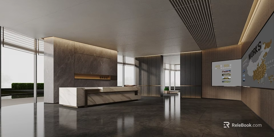 Modern Front Desk Reception Area With Marble Counter Lighting Design And Large Windows 3d model
