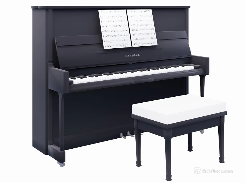 Elegant Black Piano with Music Sheets and White Bench for Musical Instruments and Art Supplies 3d model 