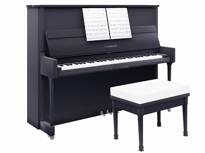 Elegant Black Piano with Music Sheets and White Bench for Musical Instruments and Art Supplies 3d model
