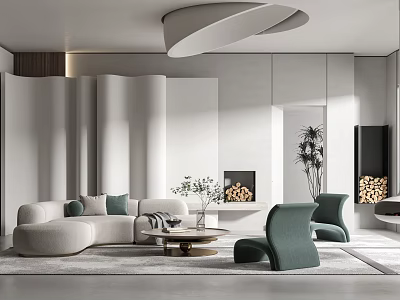 Modern Living Room Interior With Curved Sofa Light Green Armchairs Fireplace And Wooden Accents 3d model